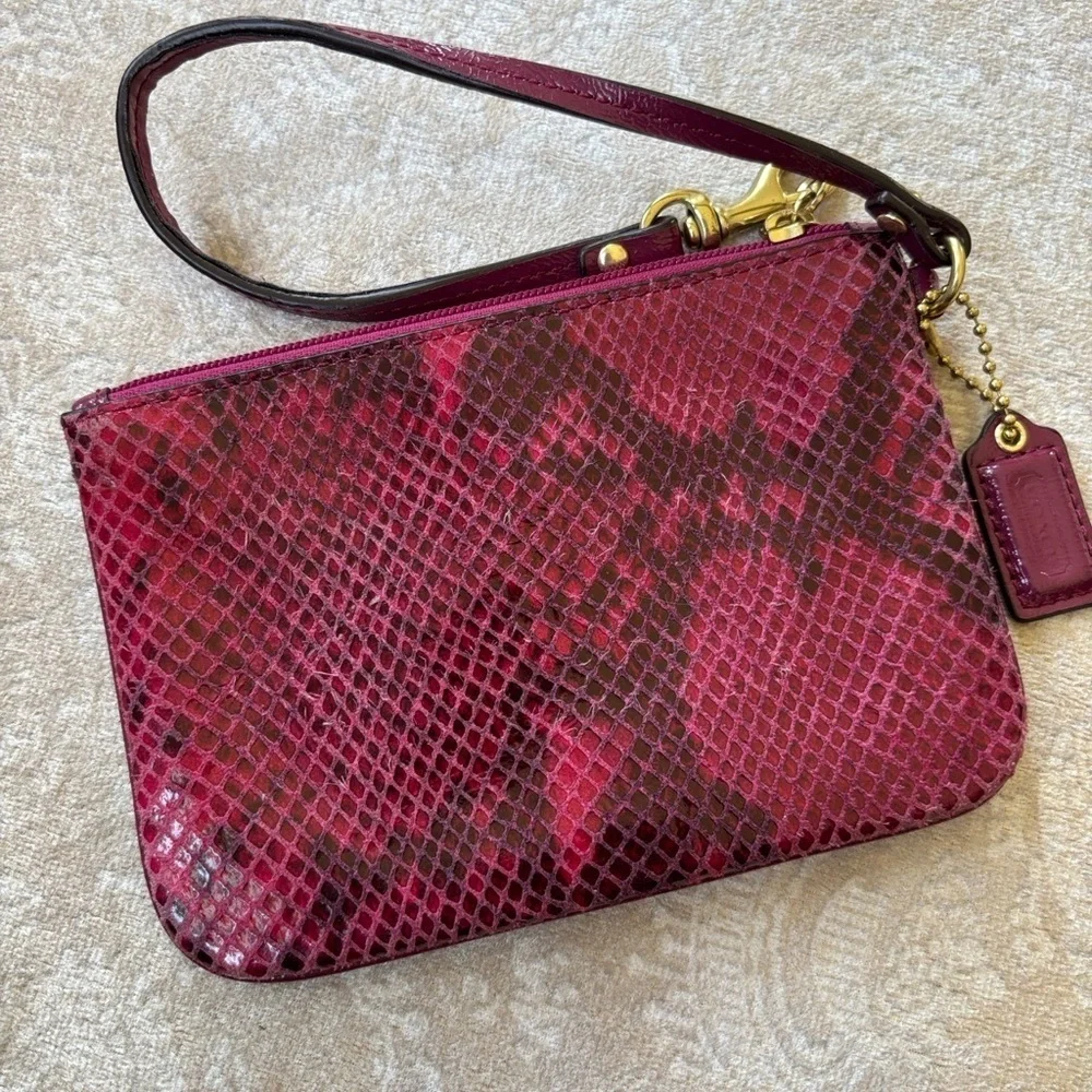 COACH Leather Zippered Wristlet Snakeskin Raspberry Pink Embossed Python Exotic
